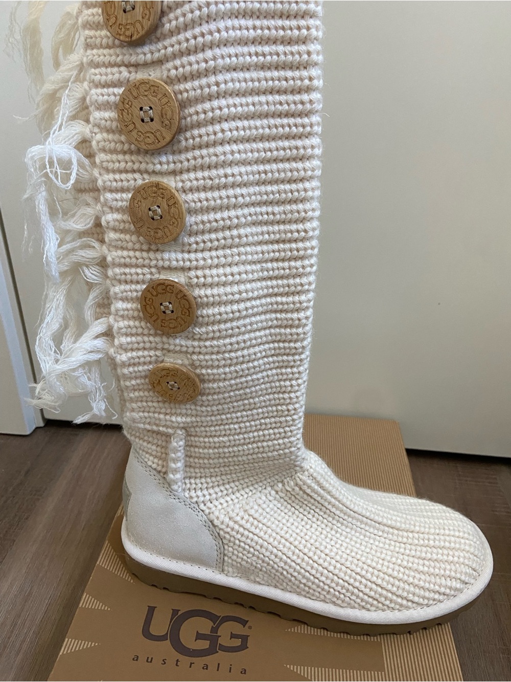 UGG Cream Knit Button Tall Boot with Fringe